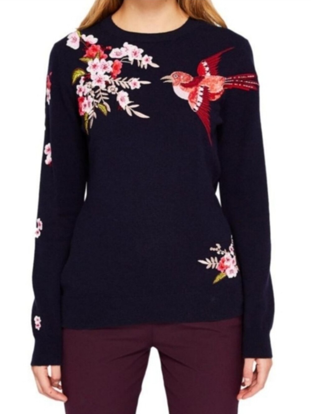 TED BAKER Navy Floral & Bird Embroidered Sweater Cashmere Merino & Wool Blend